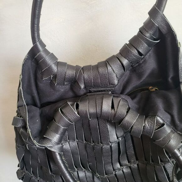 Pikolinos Black Leather Shredded Woven boho Shoulder Back Whipstich 15 x 12 - Picture 7 of 10